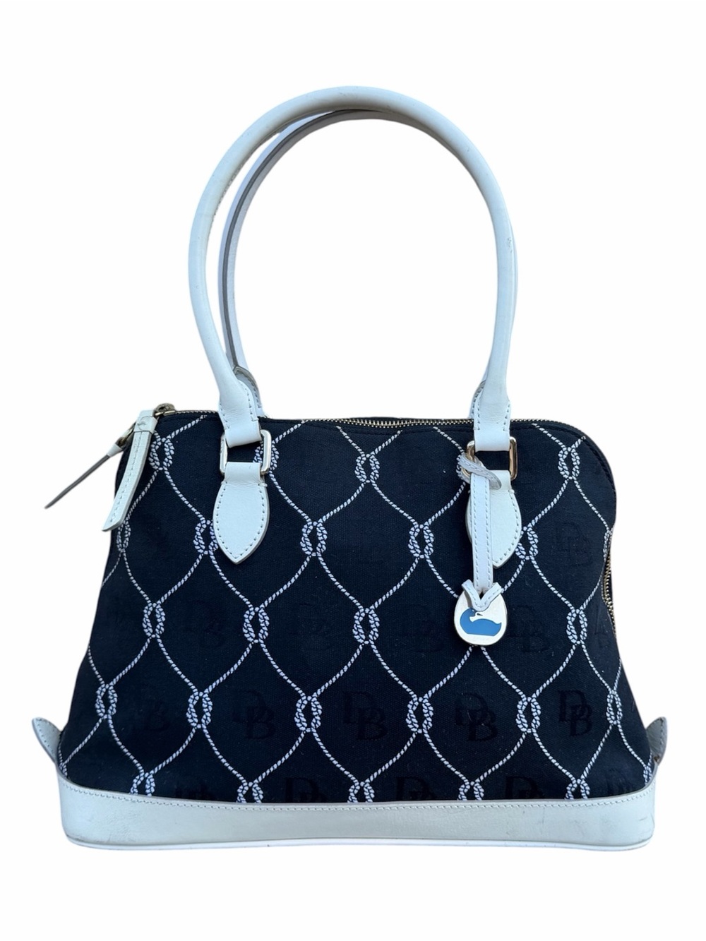 Dooney & Bourke Black White Rope link Satchel Top Handle Zip Silver  Charm Purse